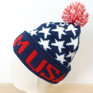 TEAM USA Beanie Hat Blue Stars Red Pom Pom Spell Out Cuff Winter Knit Apres Ski